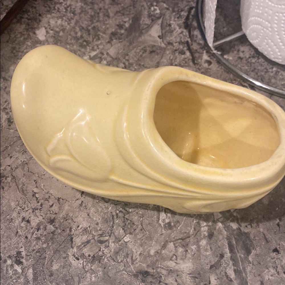 Yellow Ceramic Shoeclog planter Nice tulip design vintage